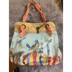 FOSSIL Key-Per Blue Coated Canvas Leather Tote Shoulder Bag Purse City Birds